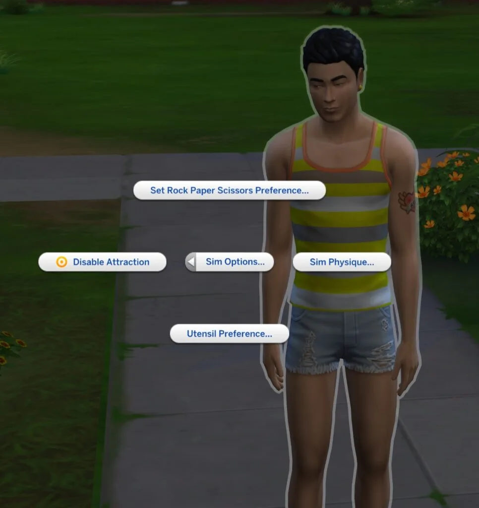 A Sim that has been selected to open the Pie Menu. They are in the new Sim Options category and it is showing an array of different available interactions.
