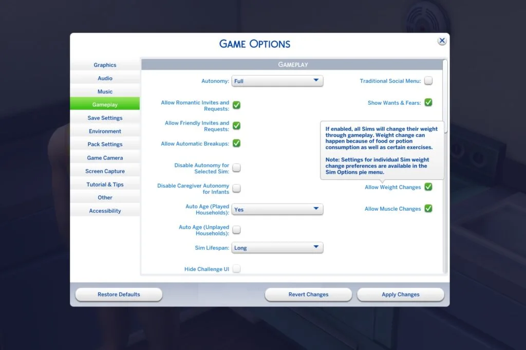 A screenshot of the Game Options Menu that shows the new “Allow Weight Changes” and “Allow Muscle Changes” options, including a hovertip that explains how the option functions.