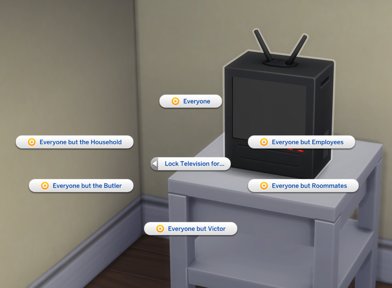 The Sims 4 locking a Television so only a specific Sim can use it