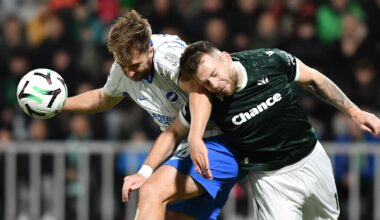 Brighton's Jack Hinshelwood (left) jumps for a header with Jablonec's Martin Cedidla at the Stadion Strelnice