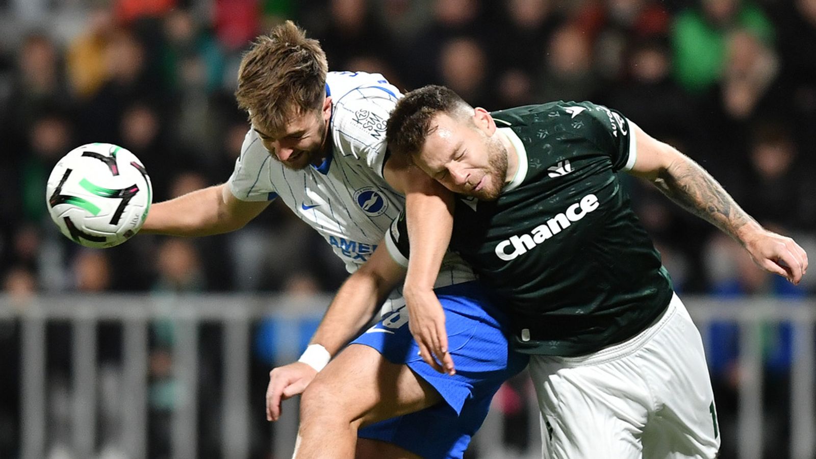 Brighton's Jack Hinshelwood (left) jumps for a header with Jablonec's Martin Cedidla at the Stadion Strelnice