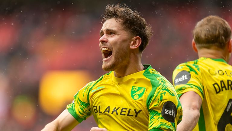 Mathias Kvistgaarden of Norwich City celebrates scoring his team's second goal