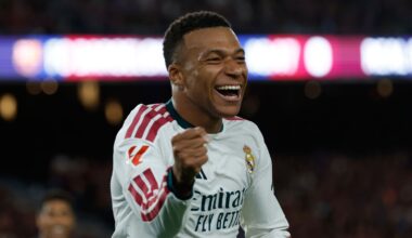 Real Madrid's Kylian Mbappe celebrates after scoring a double against Barcelona