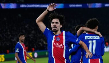 PSG's Vitinha celebrates putting his side back in front against Barcelona