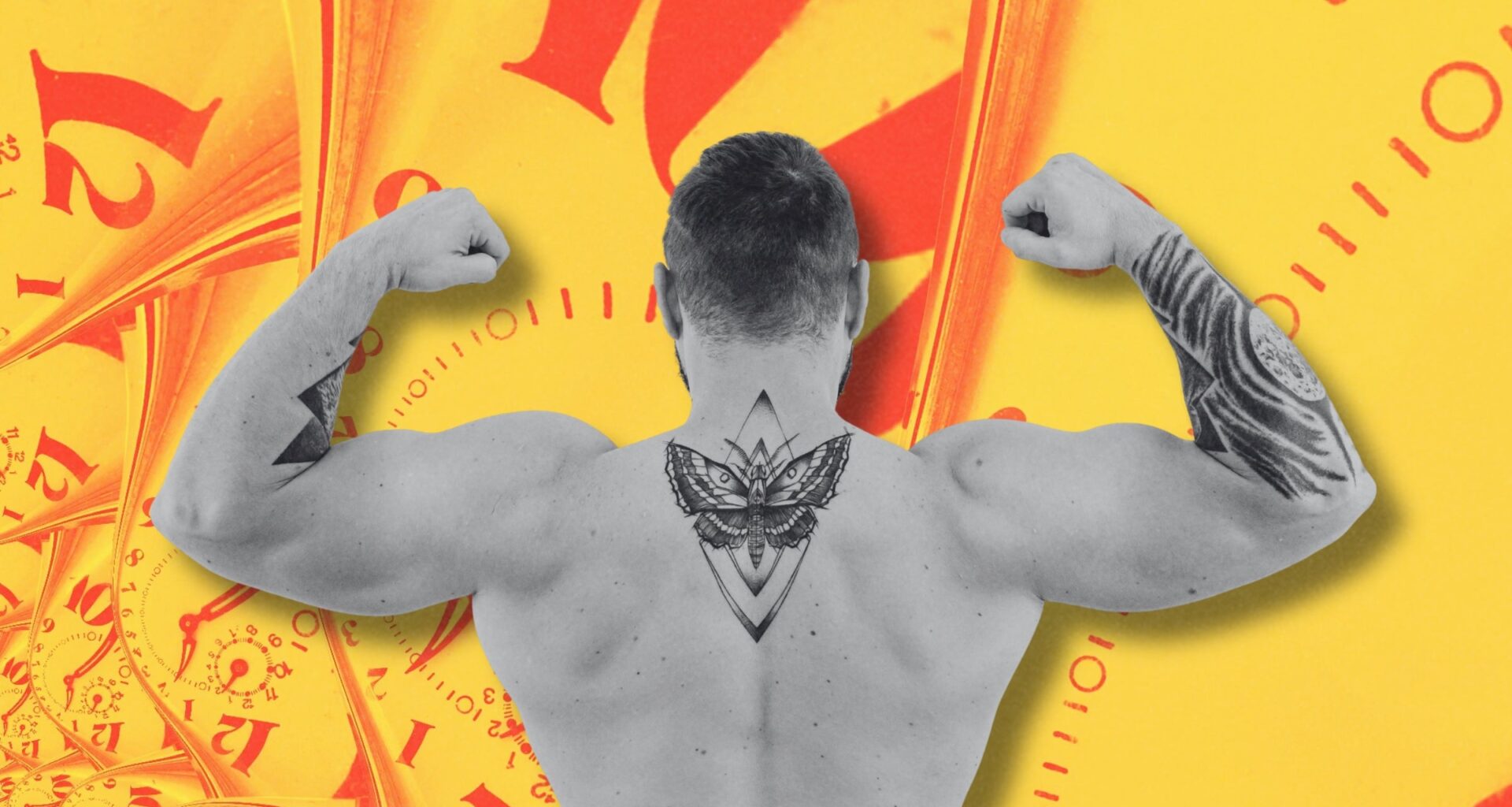 person flexing in front of a time background