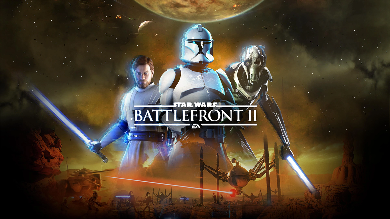 Fan art for Star Wars Battlefront 3 featuring Obi-Wan Kenobi, a clone trooper, and General Grievous. The characters stand against a smoky battlefield backdrop with the game's title logo centered between them.