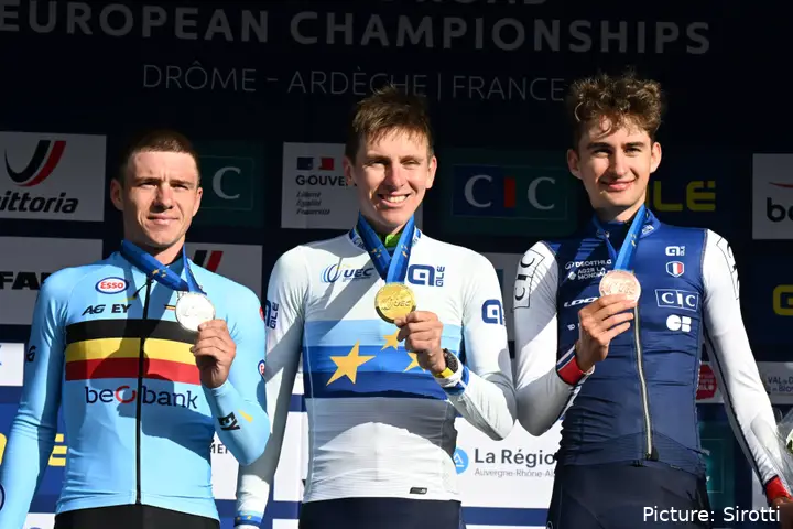 Podium of the 2025 men's elite European Championships road race
