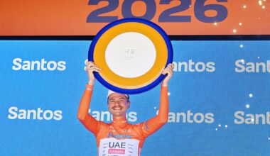 Jay Vine (UAE Team Emirates-XRG) celebrates victory in the 2026 Tour Down Under in Adelaide on January 25, 2026. (Photo by Brenton Edwards / AFP via Getty Images)
