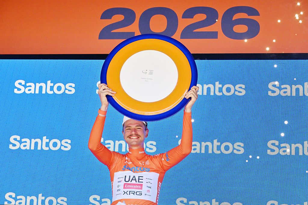 Jay Vine (UAE Team Emirates-XRG) celebrates victory in the 2026 Tour Down Under in Adelaide on January 25, 2026. (Photo by Brenton Edwards / AFP via Getty Images)