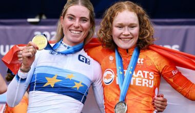 Demi Vollering and Puck Pieterse celebrate finishing first and second in the Women's Elite Road Race at the European Road Championships in Sencur, Slovenia. (Photo by Szymon Gruchalski/Getty Images)