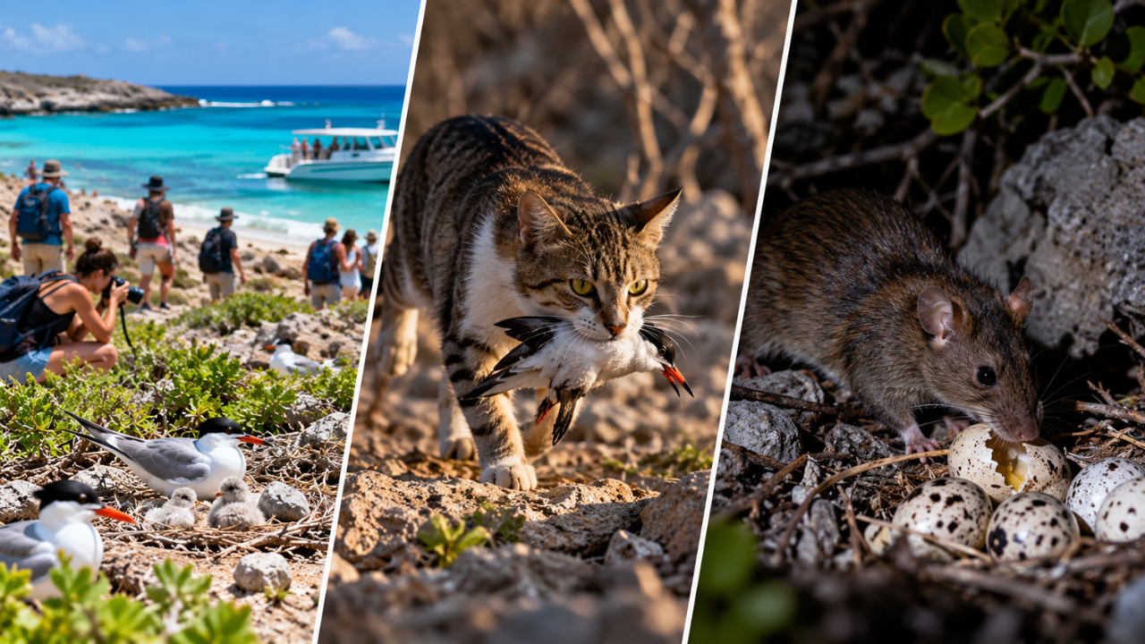 Image AI generated What are the three major threats to seabird recovery on Klein Curacao