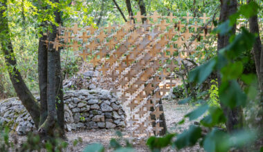 interlocking biodegradable modules weave regenerative pavilion