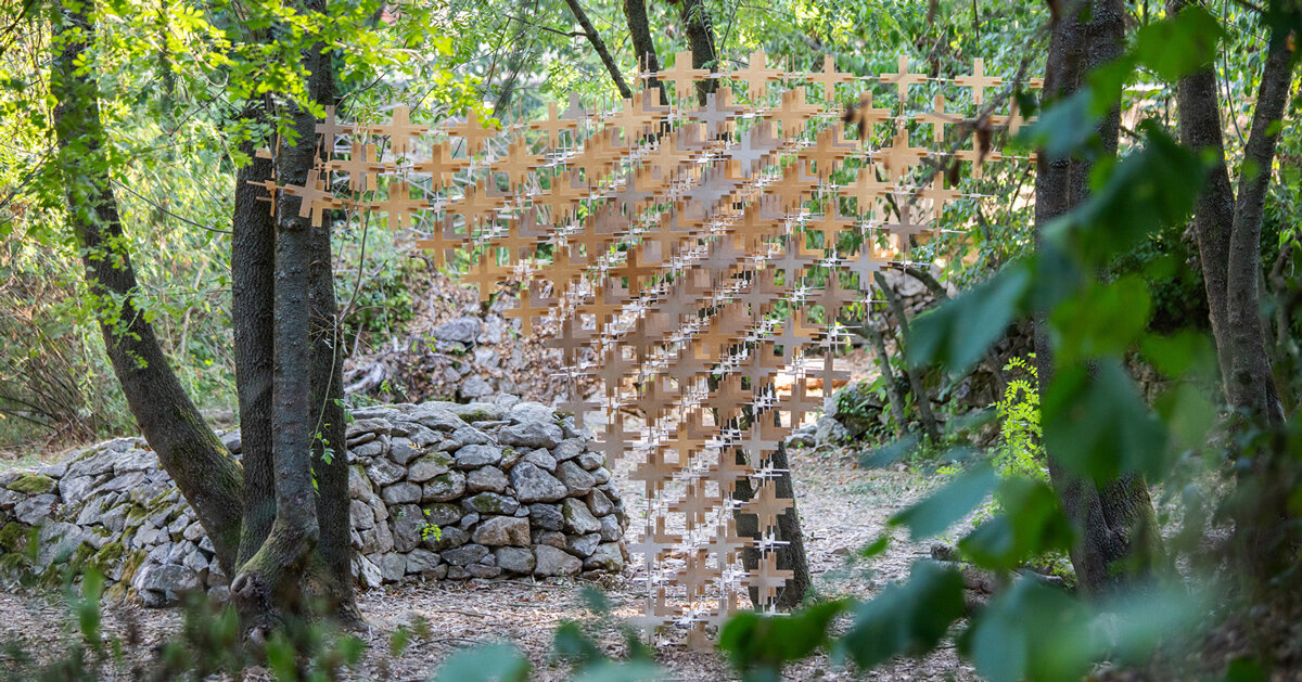 interlocking biodegradable modules weave regenerative pavilion