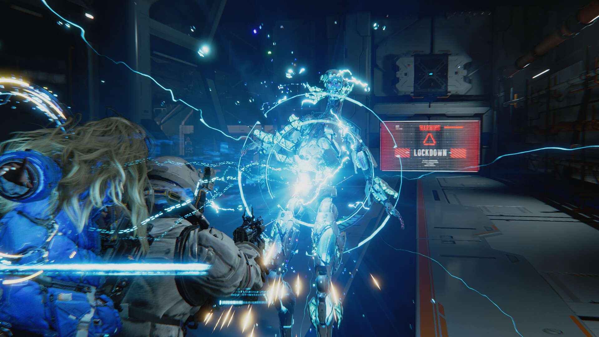 A futuristic soldier aims at a glowing blue holographic figure in a dark control room, as electric arcs and a red warning display create a tense mood.