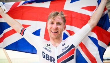 Mark Stewart (Great Britain) celebrates winning the Points Race at the 2026 UCI Track World Championships