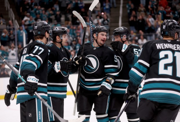 San Jose Sharks’ Alexander Wennberg #21 celebrates his wrist shot...