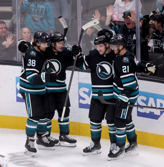 San Jose Sharks’ Philipp Kurashev #96 celebrates his wrist shot...