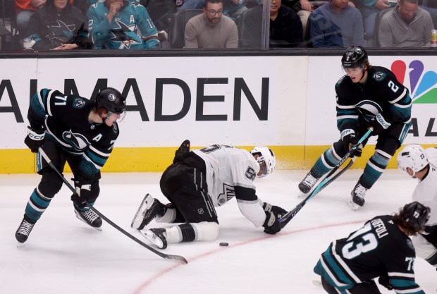 San Jose Sharks’ Macklin Celebrini #71 and Will Smith #2...