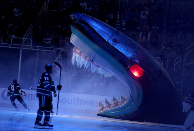 The San Jose Sharks are introduced before their NHL game...