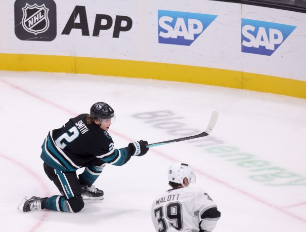 San Jose Sharks’ Will Smith #2 scores a slap shot...