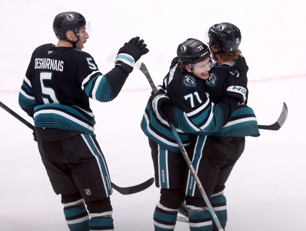 San Jose Sharks’ Will Smith, #2 celebrates his slap shot...