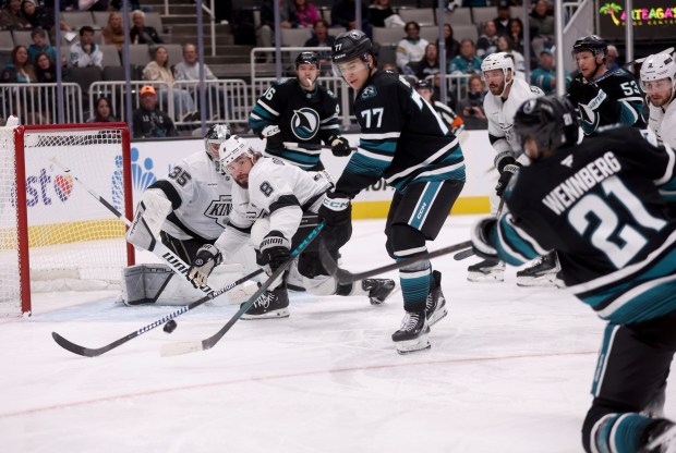 San Jose Sharks' Alexander Wennberg #21 scores a wrist shot goal past Los Angeles Kings goaltender Darcy Kuemper #35 in the third period of their NHL game at the SAP Center in San Jose, Calif., on Tuesday, Oct. 28, 2025. (Jane Tyska/Bay Area News Group)