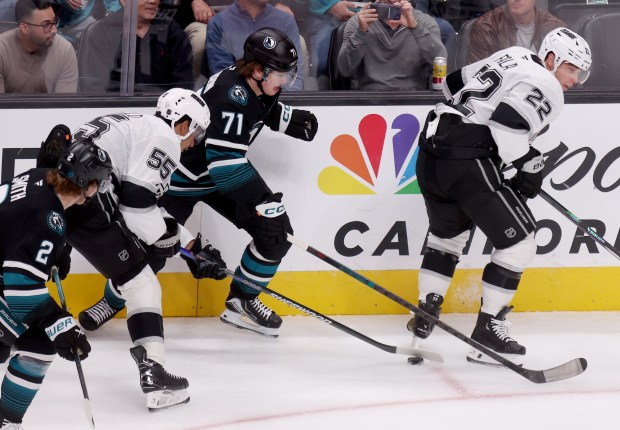 San Jose Sharks’ Macklin Celebrini #71 battles for the puck...