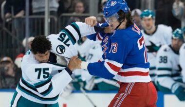 New York Rangers' Matt Rempe fights San Jose Sharks' Ryan Reaves