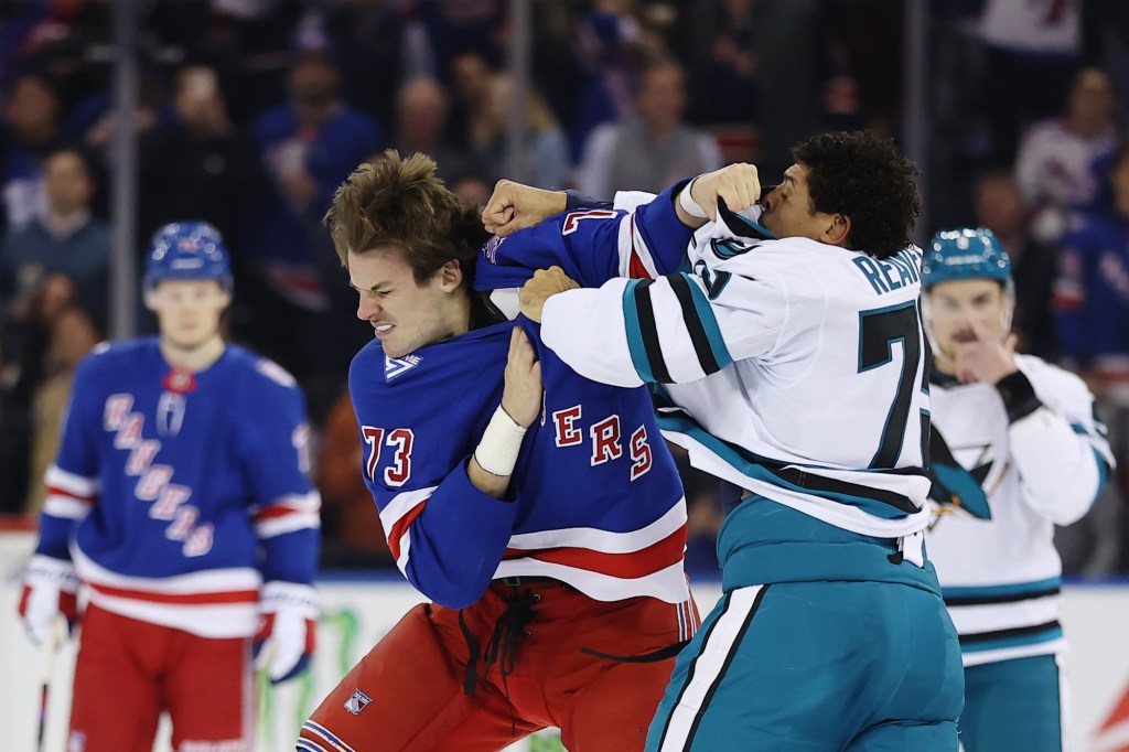 New York Rangers' Matt Rempe fights San Jose Sharks' Ryan Reaves