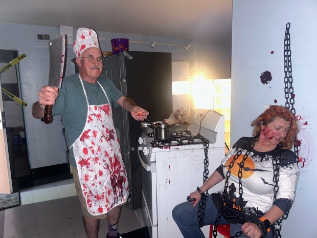 An angry and bloody head chef getting ready to cook...