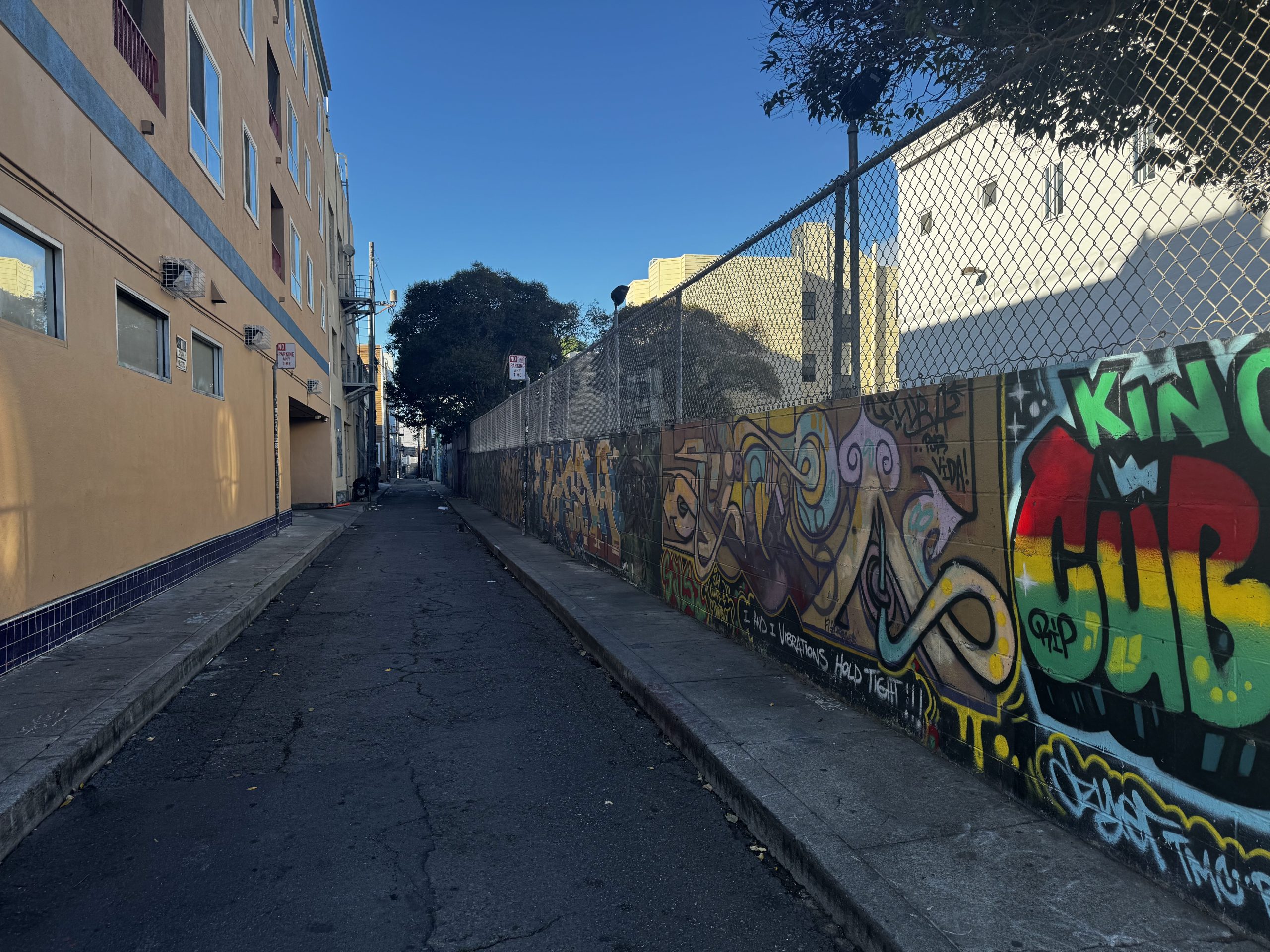 A narrow urban alleyway with cracked pavement, graffiti-covered fence on the right, and apartment buildings on the left, under a clear blue sky.