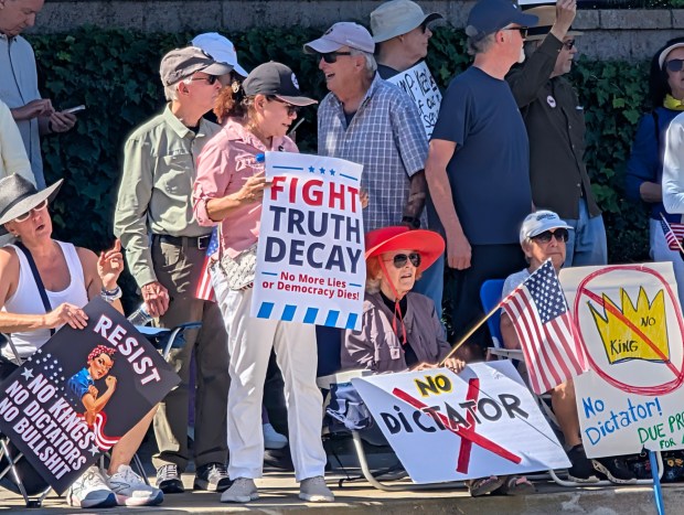 "No Kings" protesters in Dana Point on Oct. 18. (Photo by Teri Sforza)