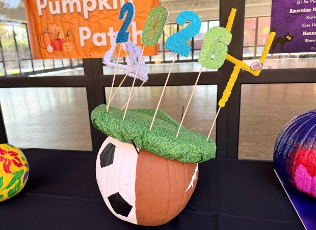 A pumpkin decorated by San Jose Mayor Matt Mahan’s office,...