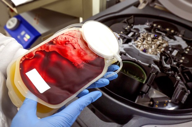 Assistant Manager of Component Production, Sarah McHenry holds blood that has been separated into platelets, plasma, and red cells by the Reveos Automated Blood Processing System, background right, at the San Diego Blood Bank in San Diego on Thursday, Oct. 23, 2025. (Hayne Palmour IV / For The San Diego Union-Tribune)