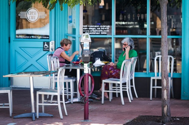 A parking meter is seen as guests dine at Crest Cafe along University Avenue in the Hillcrest neighborhood on Tuesday, Sept. 16, 2025 in San Diego. (Meg McLaughlin / The San Diego Union-Tribune)