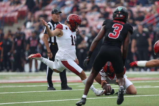 San Diego State's Gabe Plascencia kicks a field goal before halftime during Saturday's game against Fresno State in Fresno. (Justin Truong, SDSU athletics)