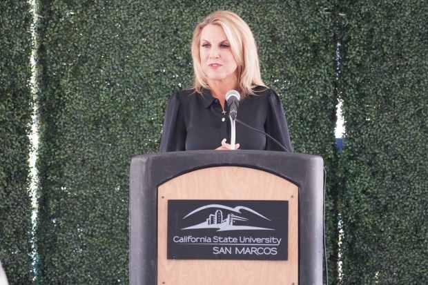 San Marcos Mayor Rebecca Jones speaks during a groundbreaking ceremony at Cal State San Marcos on Thursday, July 31, 2025, in San Marcos. (Michael Ho / The San Diego Union-Tribune)