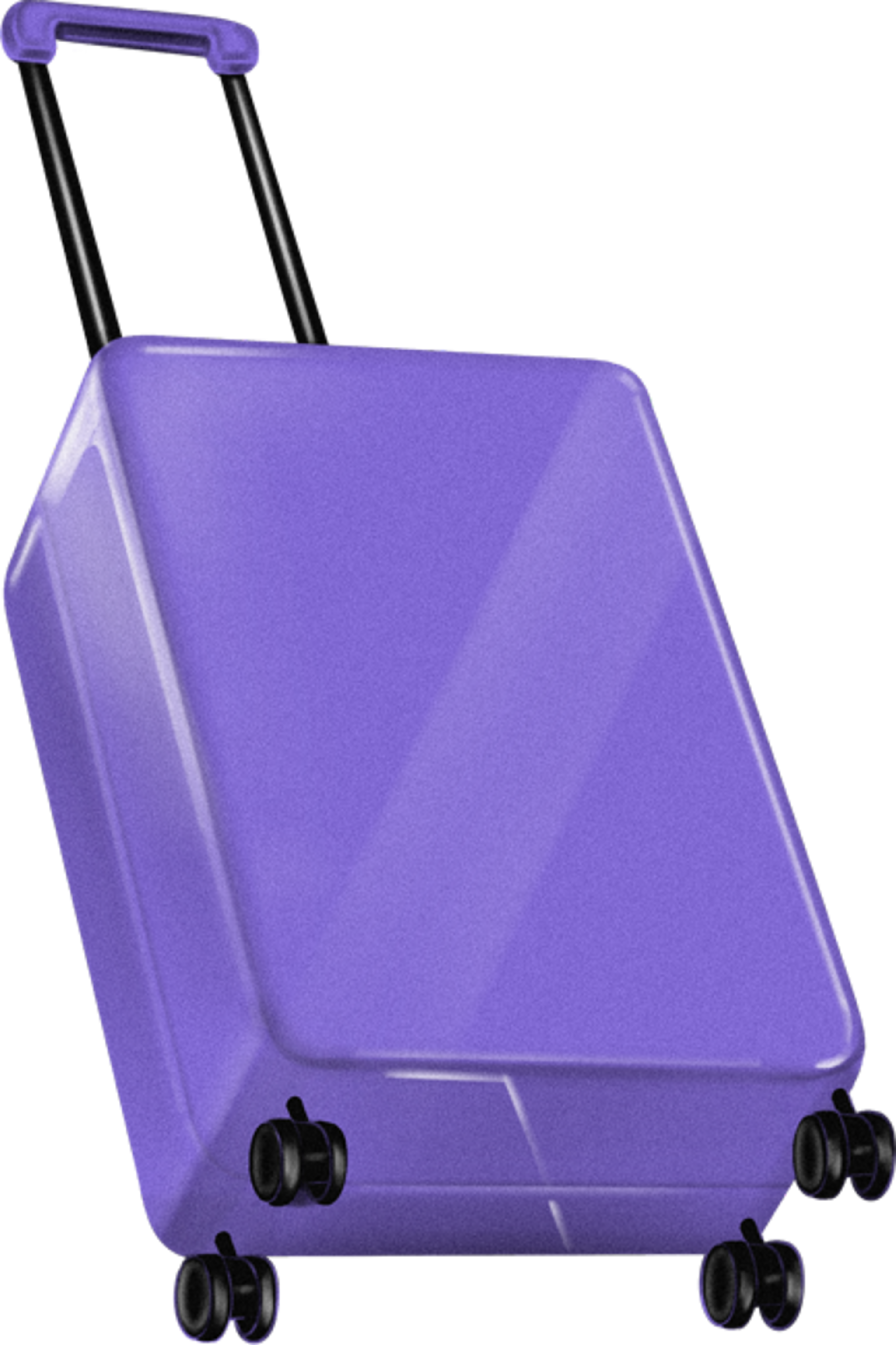 A sleek, purple, hard-shell suitcase with four double spinner wheels and a retractable handle is angled slightly backward.