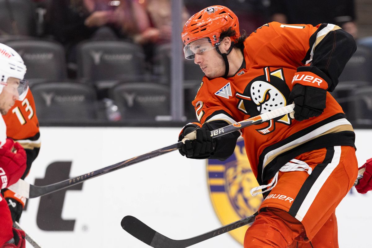 Anaheim Ducks R Sam Colangelo (12) shoots the puck during an NHL game against the Detroit Red Wings on Friday October 31, 2025 in Anaheim, California.