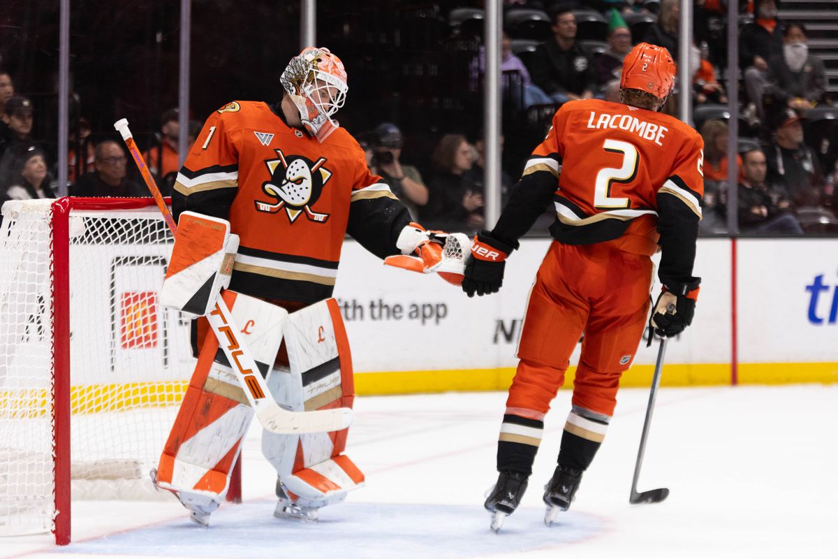 Anaheim Ducks G Lukas Dostal (1) and D Jackson LaCombe (2) celebrate after a save during an NHL game against the Detroit Red Wings on Friday October 31, 2025 in Anaheim, California.
