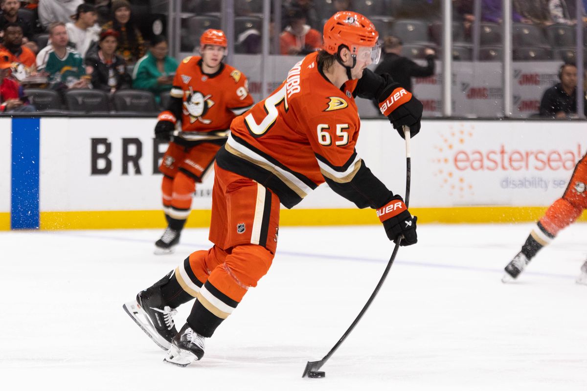 Anaheim Ducks D Jacob Trouba (65) shoots the puck during an NHL game against the Detroit Red Wings on Friday October 31, 2025 in Anaheim, California.