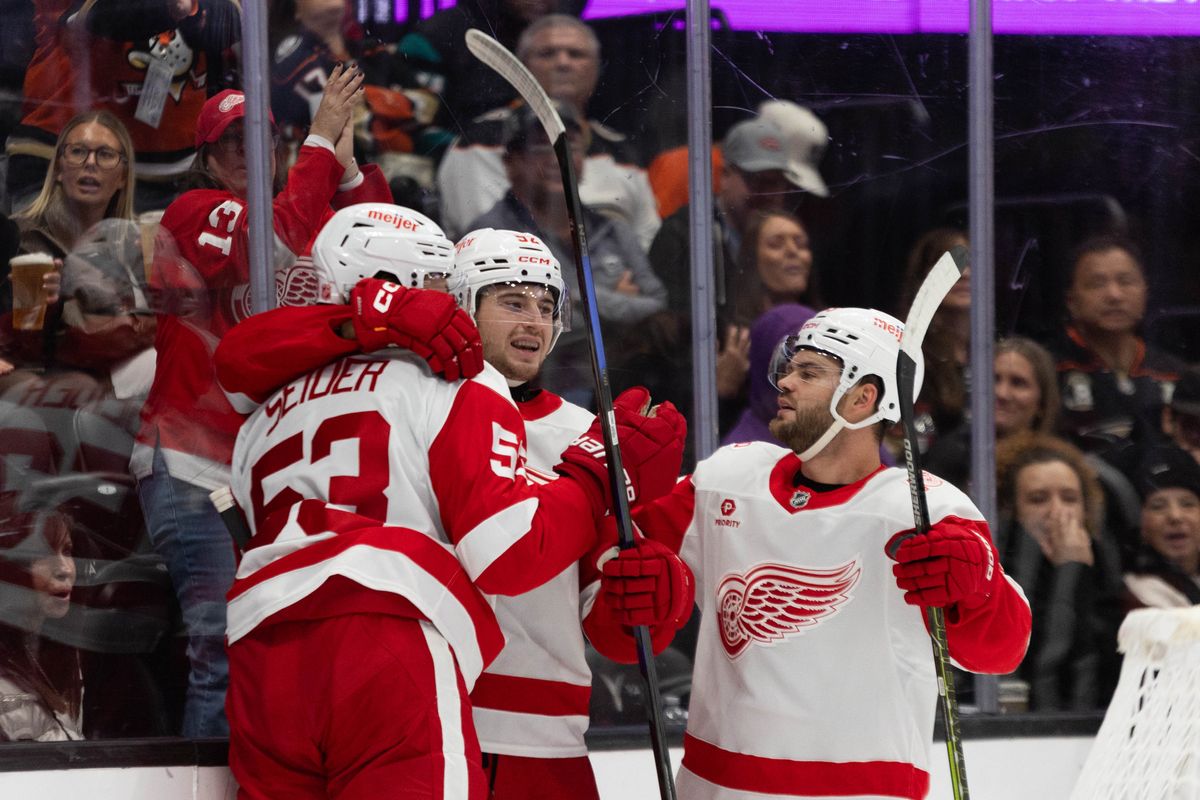 Detroit Red Wings players celebrate after a goal during an NHL game against the Anaheim Ducks on Friday October 31, 2025 in Anaheim, California.
