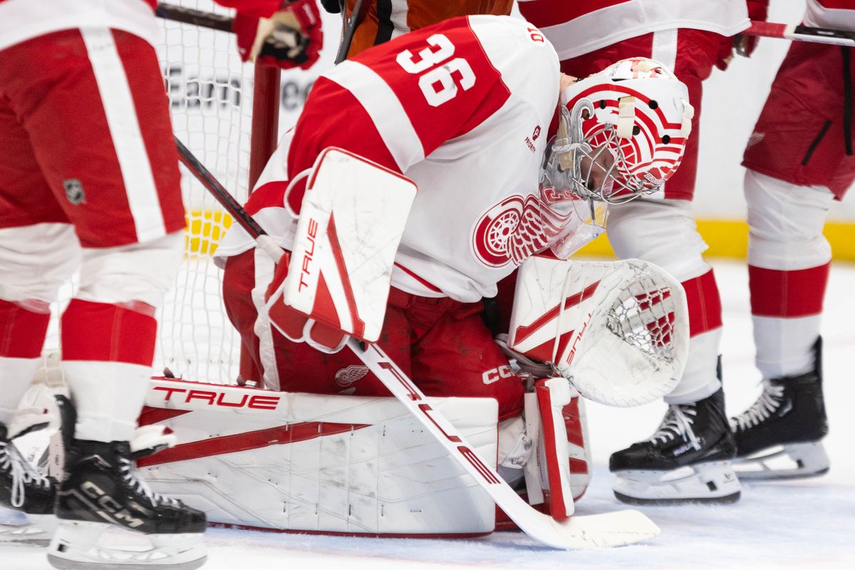 Detroit Red Wings G John Gibson (36) blocks the puck during an NHL game against the Anaheim Ducks on Friday October 31, 2025 in Anaheim, California.
