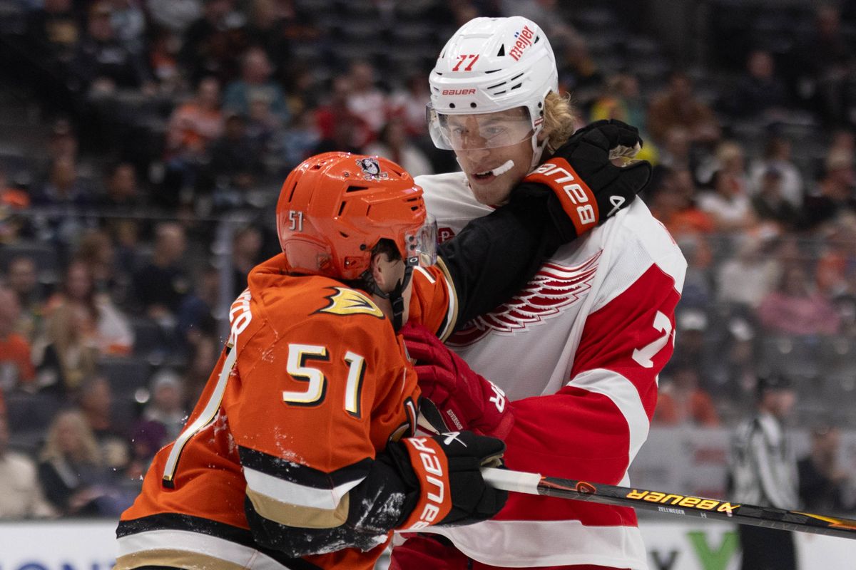 Anaheim Ducks D Olen Zellweger (51) and Detroit Red Wings D Simon Edvinsson (77) fight during an NHL game against the Detroit Red Wings on Friday October 31, 2025 in Anaheim, California.
