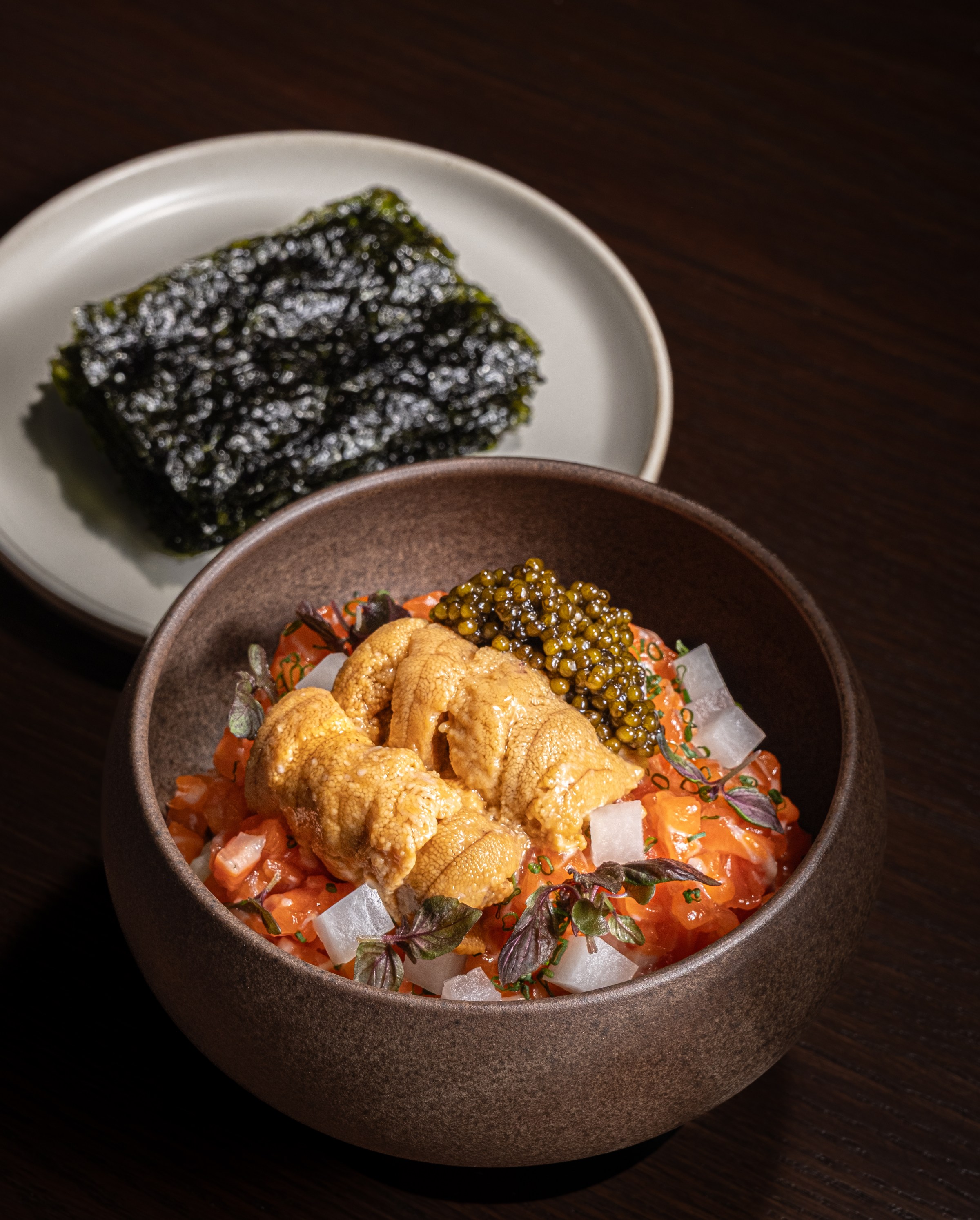 Salmon ssambap with caviar and uni at Hojokban
