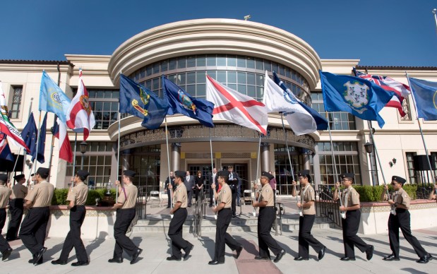 Troy High Schools JROTC 50 State Color Guard takes part in a Veterans Day parade through downtown Fullerton on Saturday, November 11, 2017.(Photo by Mindy Schauer, Orange County Register/SCNG)