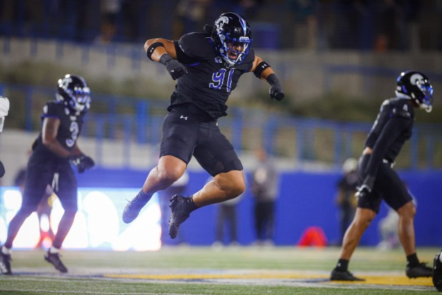 San Jose State's Quincy Liklo (91) celebrates a fumble and recovery against Hawaii during the first quarter at CEFCU Stadium in San Jose, Calif., on Saturday, Nov. 1, 2025. (Shae Hammond/Bay Area News Group)