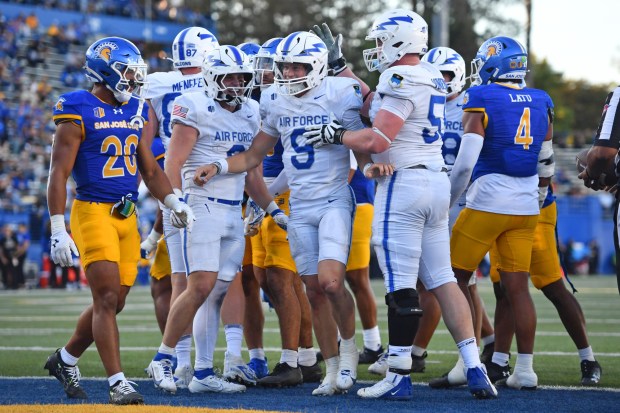 Air Force quarterback Liam Szarka (9) is all smiles after scoring a touchdown against San Jose State in the second quarter of their game at San Jose State University in San Jose, Calif., on Saturday, Nov. 8, 2025. (Jose Carlos Fajardo/Bay Area News Group)
