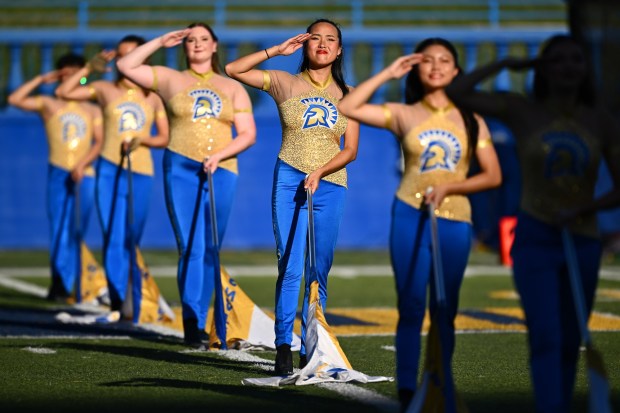 San Jose State color guard members salute before the start of their game against Air Force at San Jose State University in San Jose, Calif., on Saturday, Nov. 8, 2025. (Jose Carlos Fajardo/Bay Area News Group)