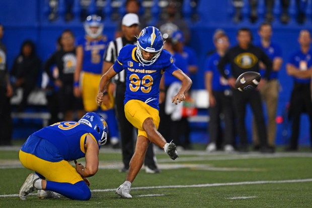 San Jose State kicker Mathias Brown (99) kicks a 24-yard field goal against Air Force in the third quarter of their game at San Jose State University in San Jose, Calif., on Saturday, Nov. 8, 2025. Air Force defeated San Jose State 26-16. (Jose Carlos Fajardo/Bay Area News Group)